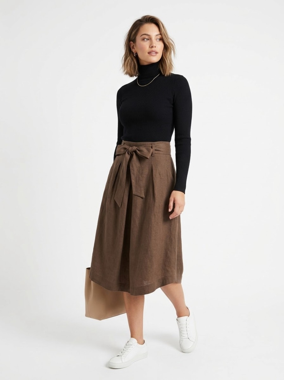 Goblincore Chocolate Brown 100% Linen Pleated Midi Skirt Feminine Comfort Earthy